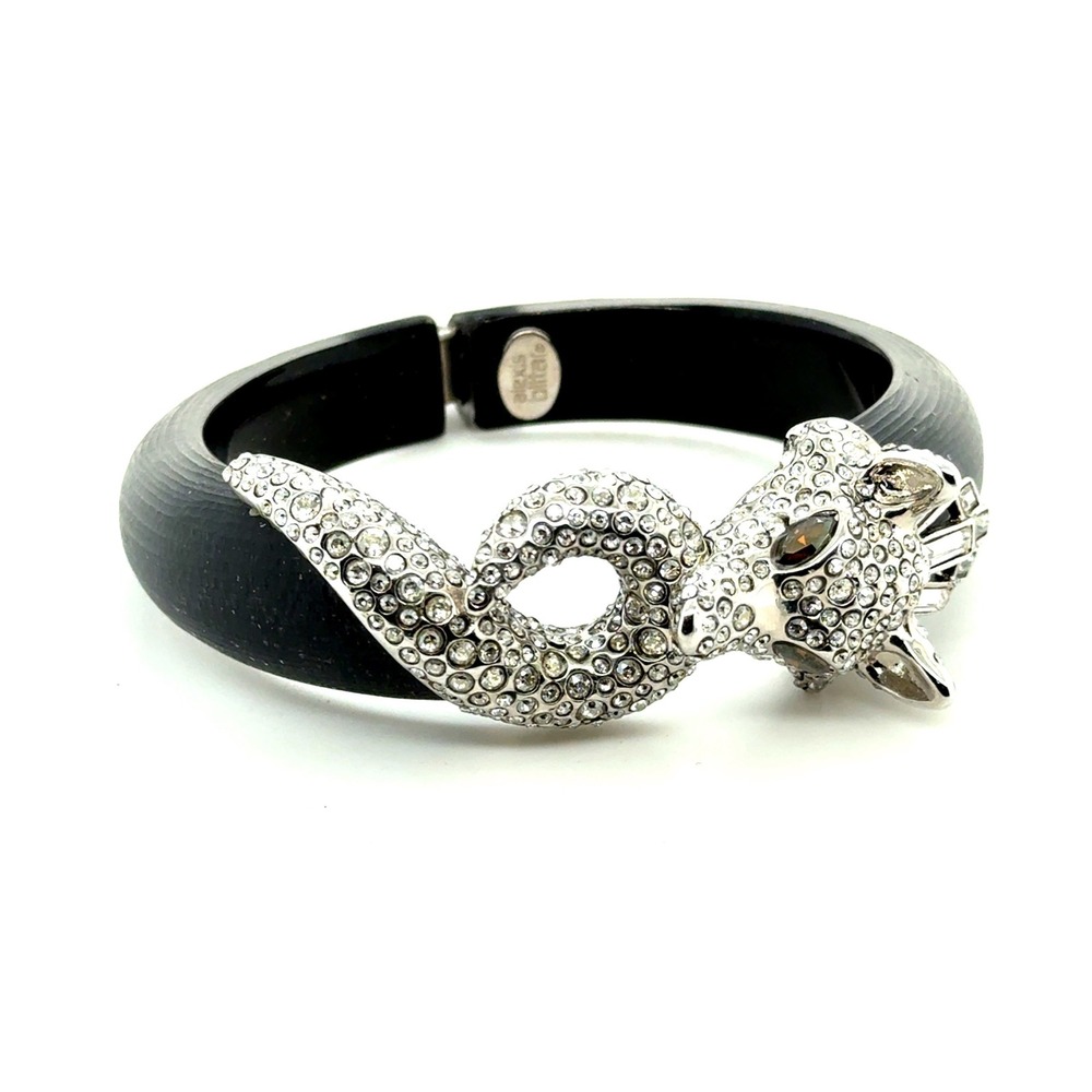 Alexis Bittar Crystal Encrusted Fox Head Matte Black Lucite Hinged Cuff Bracelet